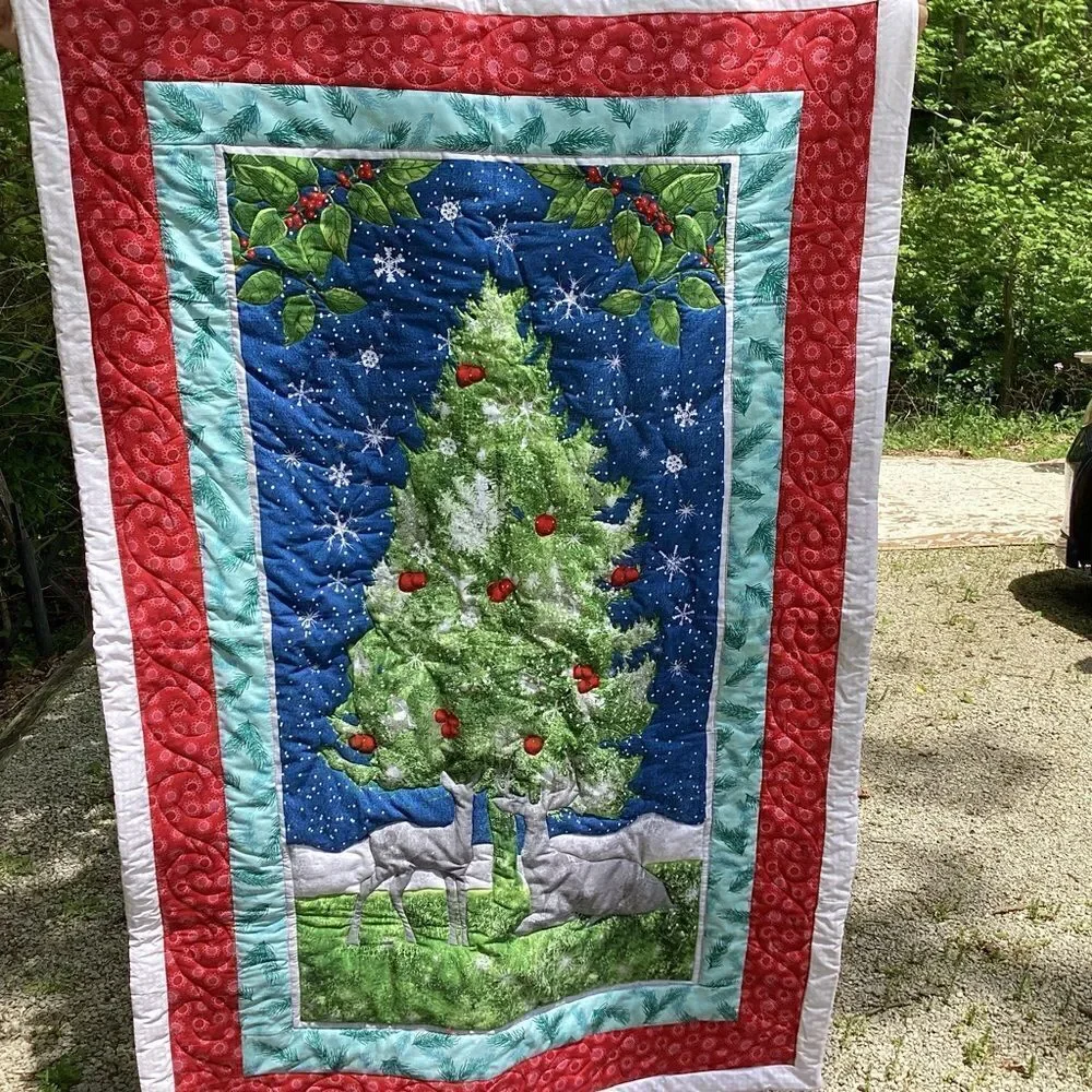 NWT. Christmas Forest Tree with Deer Lap Quilt Hand Crafted